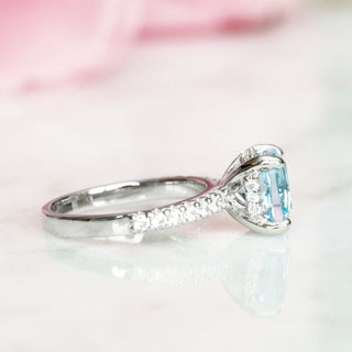 Cushion Cut Aquamarine Ring in Sterling Silver (Hidden Halo)