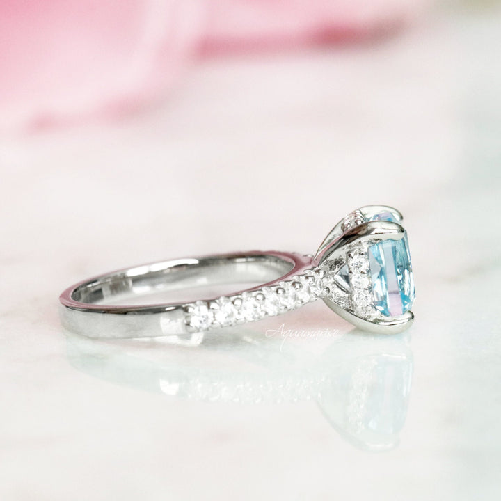 Cushion Hidden Halo Aquamarine Ring- Sterling Silver