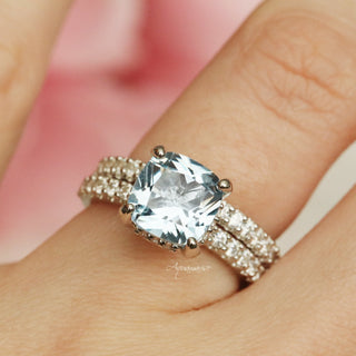 Cushion Cut Aquamarine Ring in Sterling Silver (Hidden Halo)
