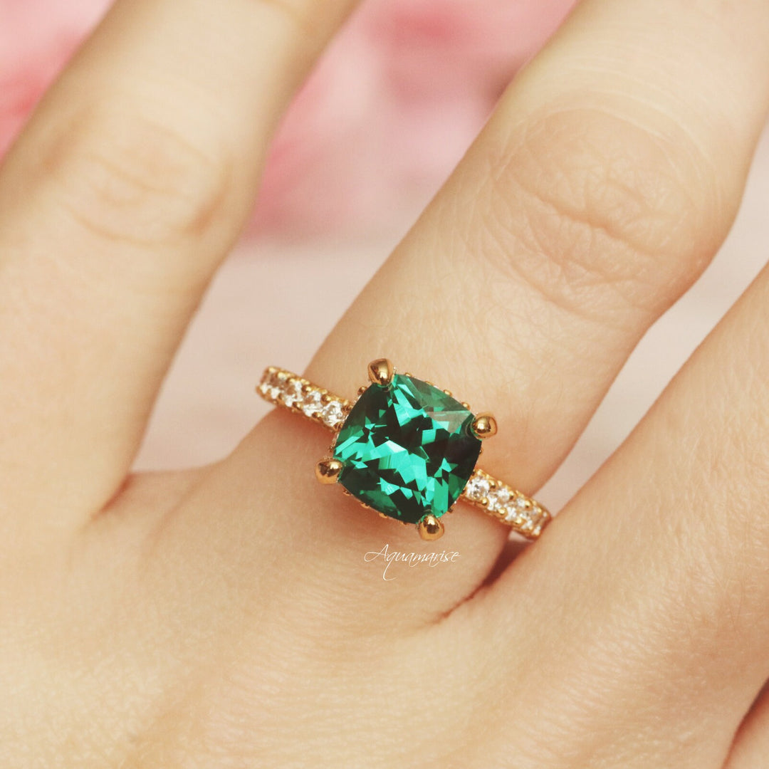 Cushion Hidden Halo Emerald Ring- 18K Yellow Gold Vermeil