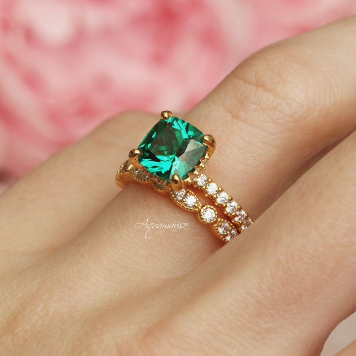 Cushion Hidden Halo Emerald Ring- 18K Yellow Gold Vermeil