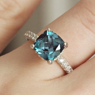 Cushion Cut Alexandrite Engagement Ring in 14K White Gold (Hidden Halo)