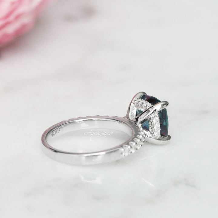 Cushion Hidden Halo Teal Alexandrite Ring- Sterling Silver