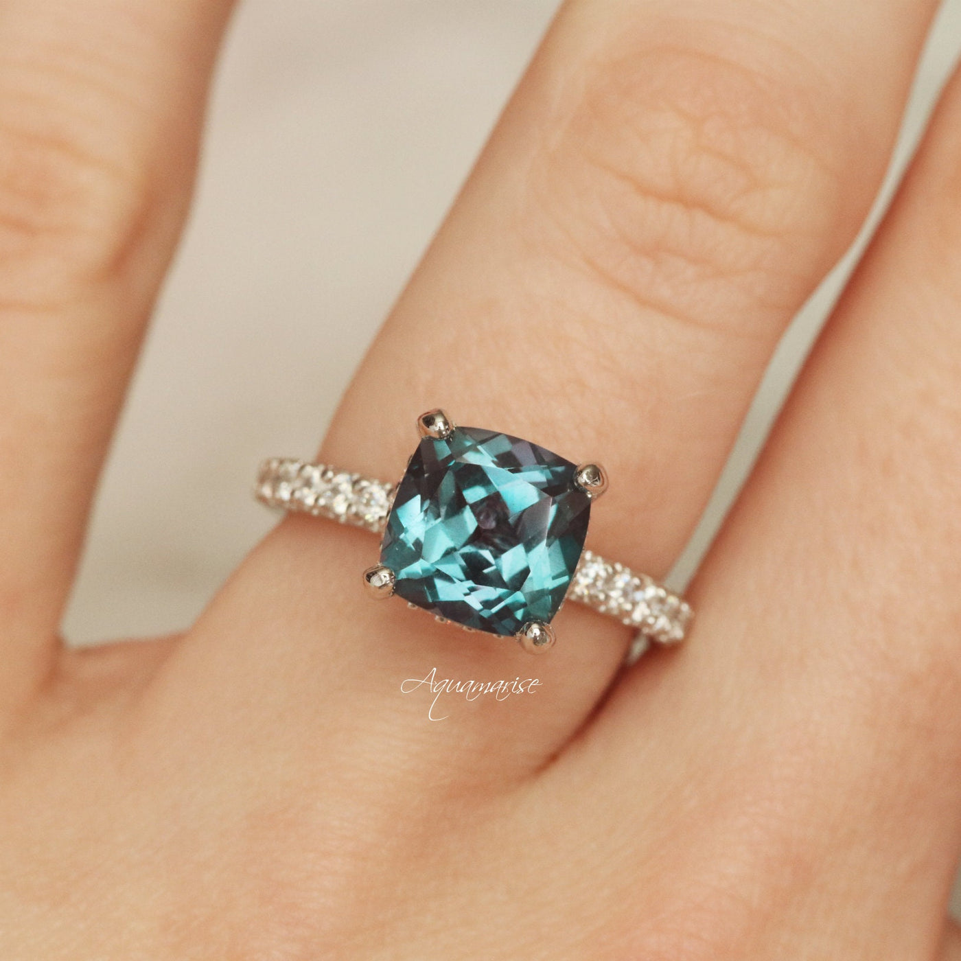 Cushion Hidden Halo Teal Alexandrite Ring- Sterling Silver