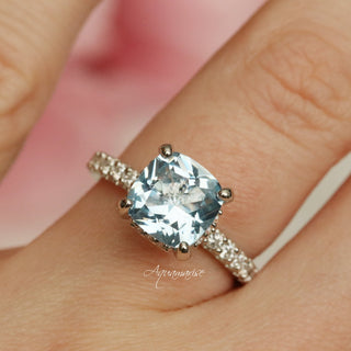 Cushion Cut Aquamarine Ring in Sterling Silver (Hidden Halo)