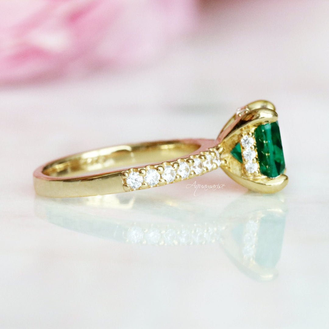 Cushion Hidden Halo Emerald Ring- 18K Yellow Gold Vermeil