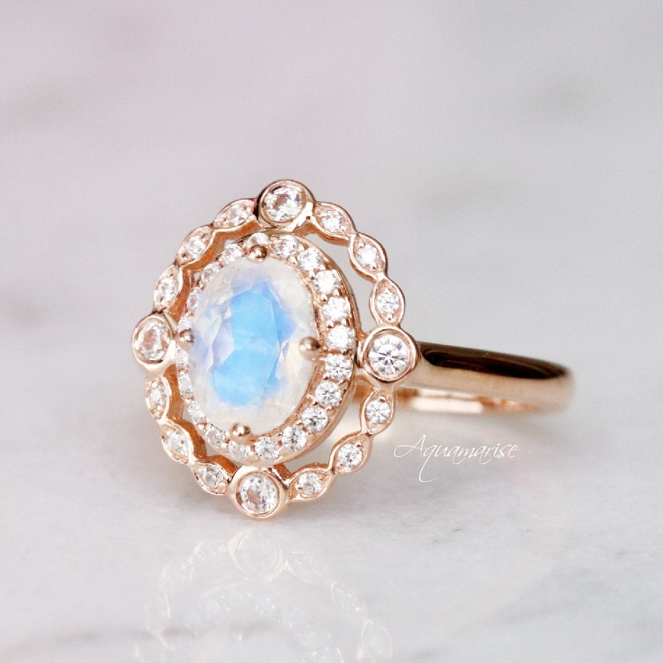 Valentina Rainbow Moonstone Engagement Ring- 10K/14K/18K Solid Rose Gold