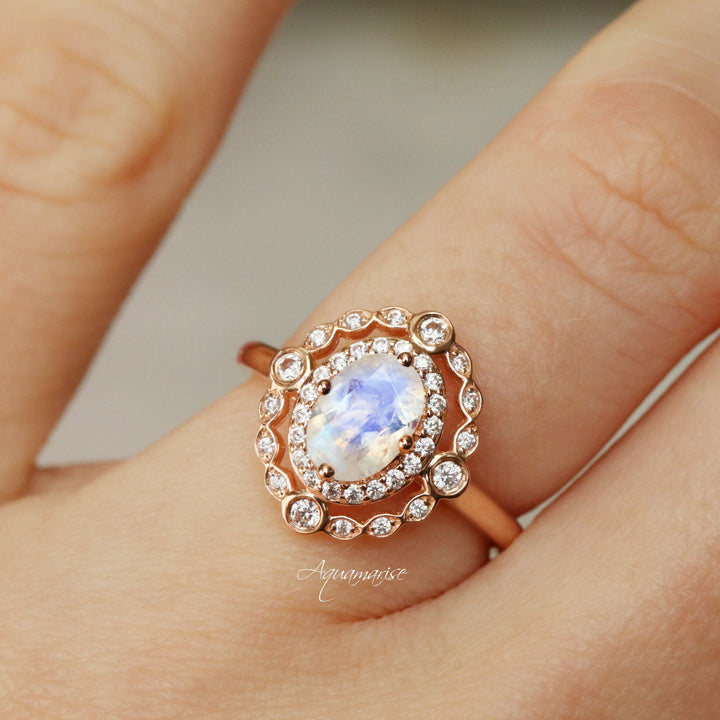 Valentina Rainbow Moonstone Engagement Ring- 10K/14K/18K Solid Rose Gold