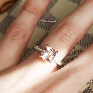 Cushion Cut Morganite Ring in Sterling Silver (Hidden Halo)