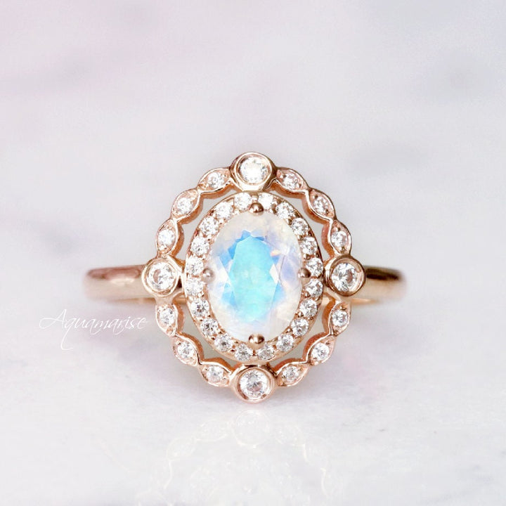 Valentina Rainbow Moonstone Engagement Ring- 10K/14K/18K Solid Rose Gold