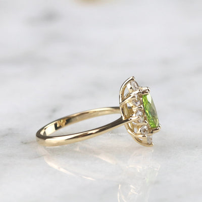 Marquise Natural Peridot Engagement Ring- 14K Solid Yellow Gold