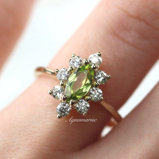 Marquise Natural Peridot Engagement Ring in 14K Solid Yellow Gold
