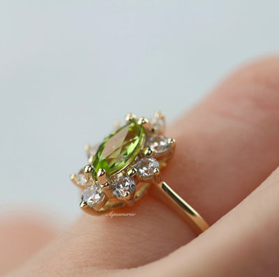 Marquise Natural Peridot Engagement Ring- 14K Solid Yellow Gold