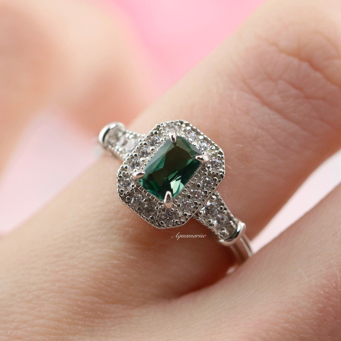 Cynthia Teal Sapphire Ring- Sterling Silver Vintage Forest Green Sapphire Engagement Rings