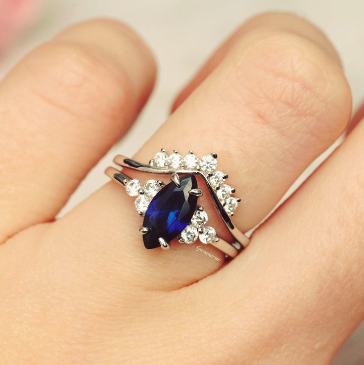 Nadia Marquise Blue Sapphire Bridal Ring Set- Sterling Silver