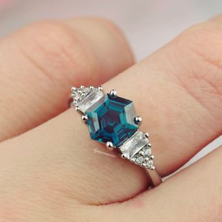 Hexagon Cut Lab-Grown Alexandrite Ring in Sterling Silver