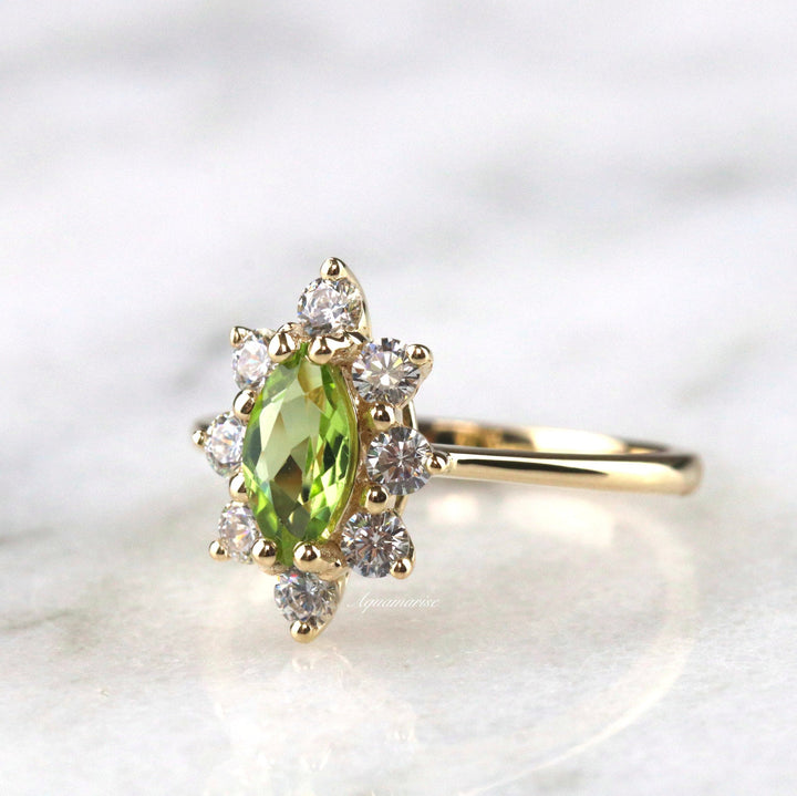 Marquise Natural Peridot Engagement Ring- 14K Solid Yellow Gold