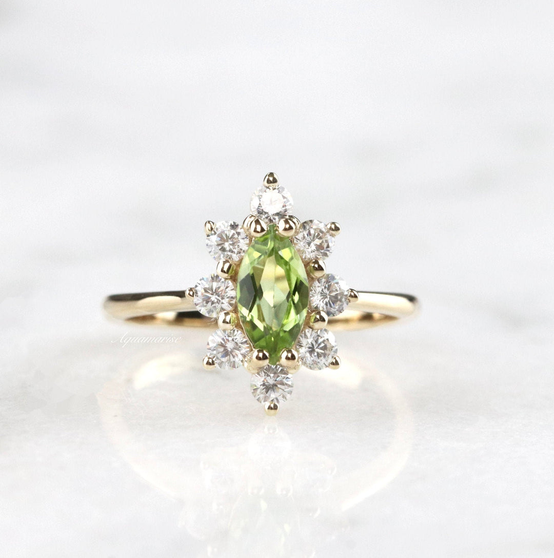 Marquise Natural Peridot Engagement Ring- 14K Solid Yellow Gold