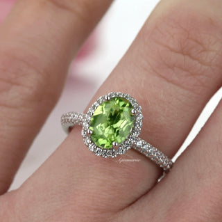 Iris Natural Oval Peridot Engagement Ring in 14K White Gold