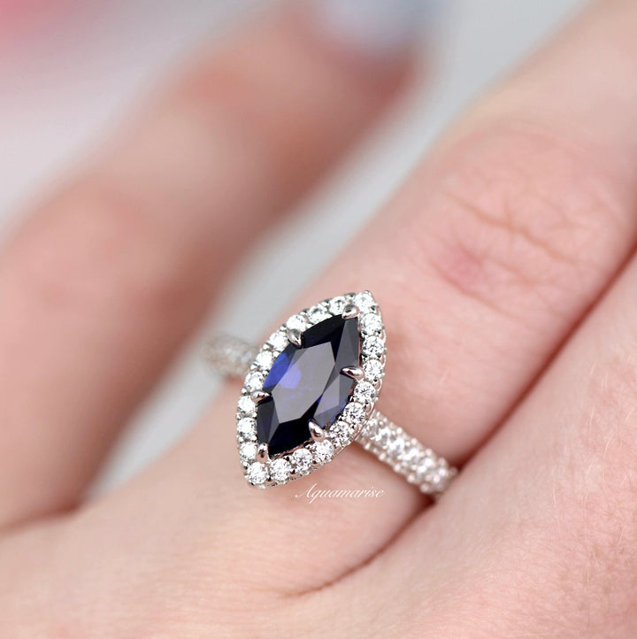 Valeria Marquise Halo Blue Sapphire Ring- Sterling Silver