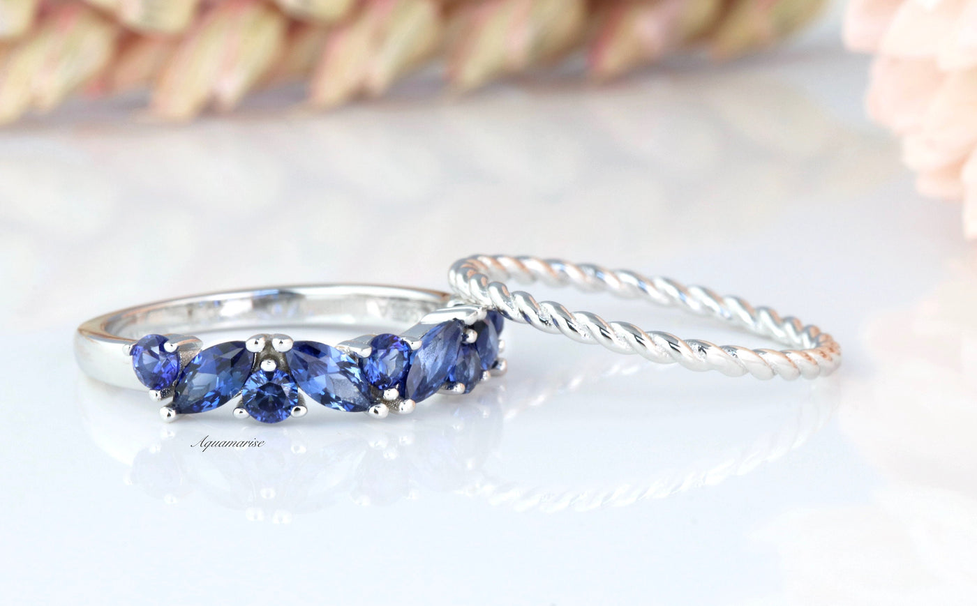 Willow Ceylon Blue Sapphire Stacking Ring Set-  Sterling Silver