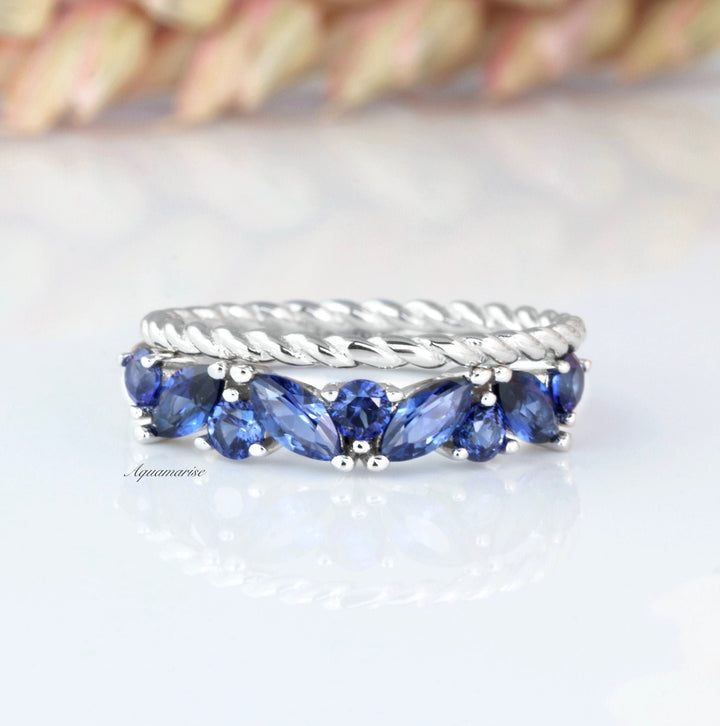 Willow Ceylon Blue Sapphire Stacking Ring Set-  Sterling Silver