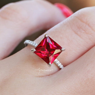 Princess Cut Lab Grown Ruby Engagement Ring in Sterling Silver