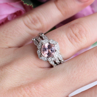 Cushion Cut Art Deco Morganite Ring in Sterling Silver by Aquamarise, featuring a peach-pink morganite surrounded by detailed pavé diamonds on a double band design.