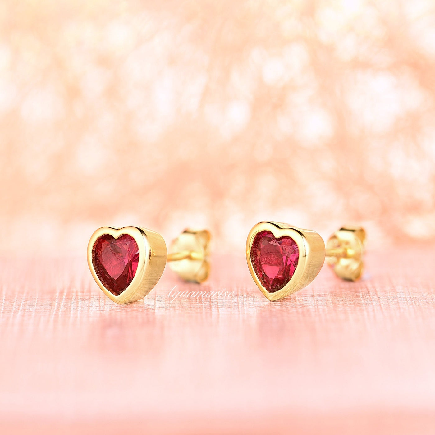 Heart Ruby Earrings- 14K Yellow Gold Vermeil