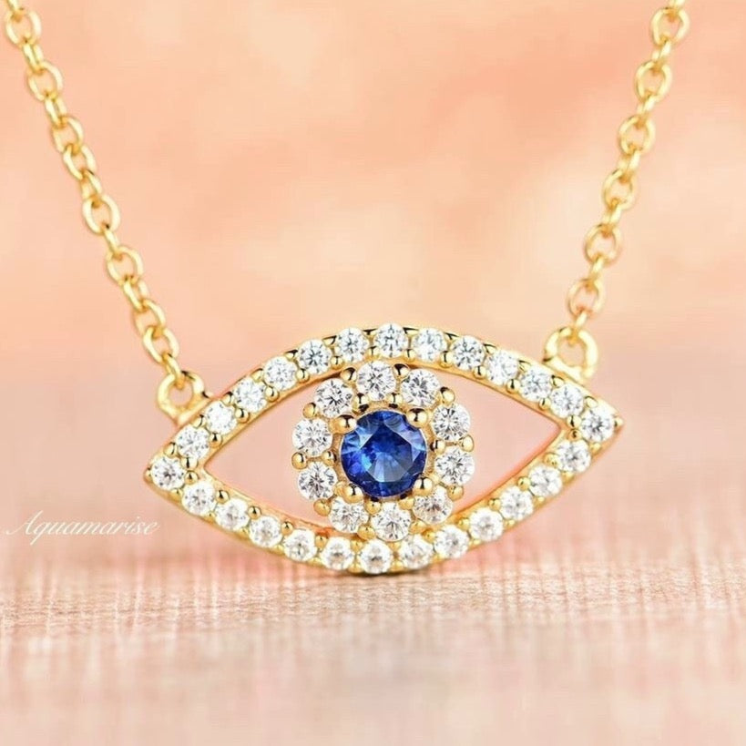 Evil Eye Sapphire Necklace- 14K Yellow Gold Vermeil