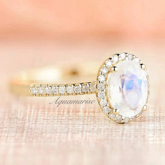 Iris Moonstone Engagement Ring- 10K/14K/18K Solid Yellow Gold