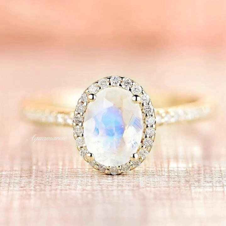 Iris Moonstone Engagement Ring- 10K/14K/18K Solid Yellow Gold