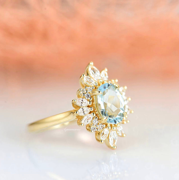 Aurora Natural Aquamarine Engagement Ring- 14K Solid Yellow Gold