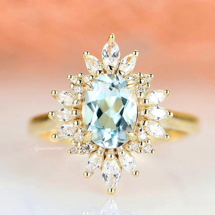 Aurora Natural Aquamarine Engagement Ring- 14K Solid Yellow Gold