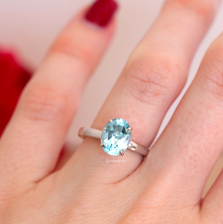 2CT Oval Cut Solitaire Aquamarine Ring- Sterling Silver