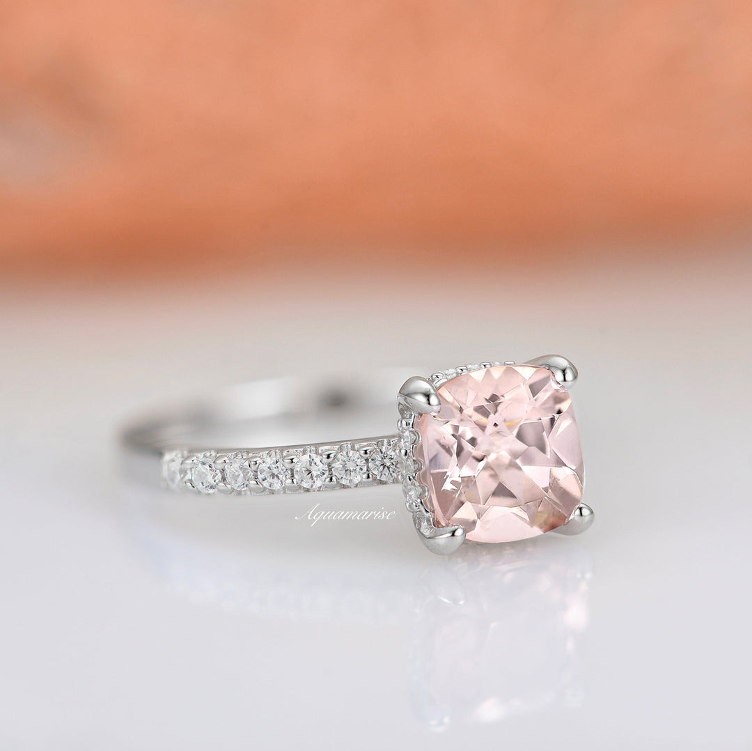 Cushion Hidden Halo Morganite Ring- Sterling Silver