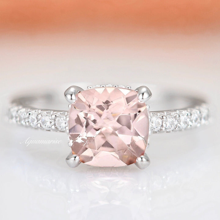 Cushion Hidden Halo Morganite Ring- Sterling Silver