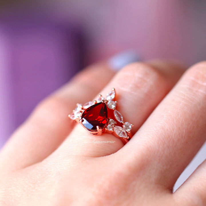 Evelyn Red Garnet Ring Set- 14K Solid Rose Gold