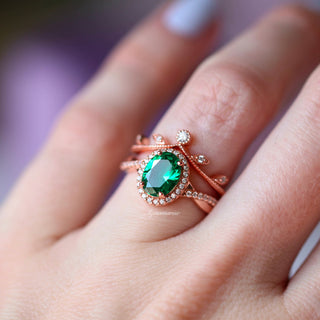 Oval Cut Emerald Leaf Ring Set in 14K Rose Gold Vermeil
