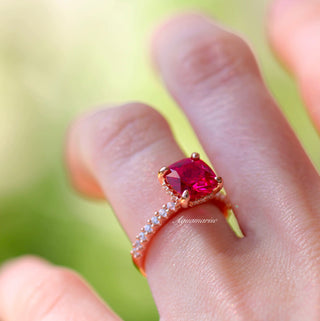 Hidden Halo Cushion Cut Ruby Ring in 14K Rose Gold Vermeil