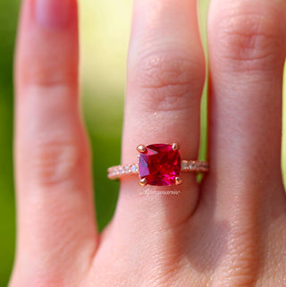 Hidden Halo Cushion Cut Ruby Ring in 14K Rose Gold Vermeil