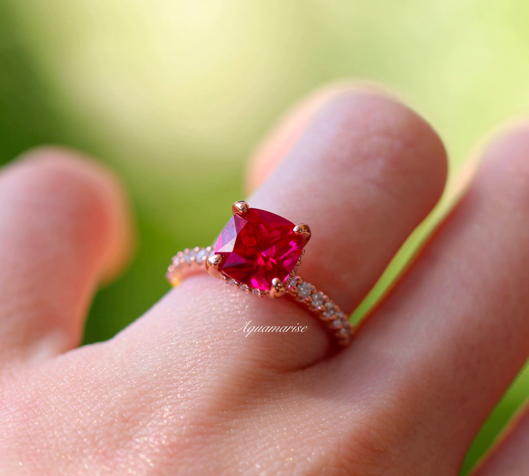 Cushion Hidden Halo Ruby Ring- 14K Rose Gold Vermeil