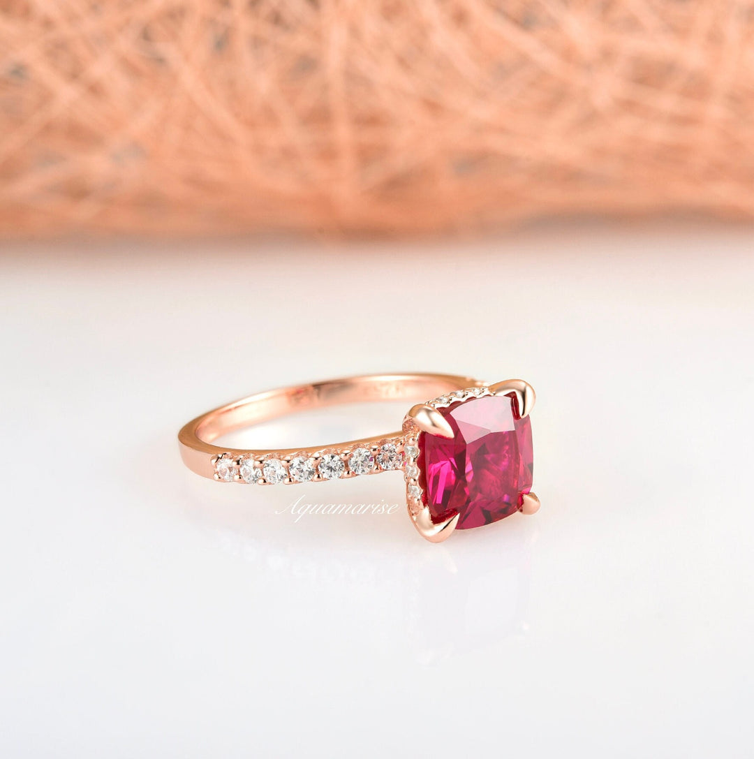 Cushion Hidden Halo Ruby Ring- 14K Rose Gold Vermeil