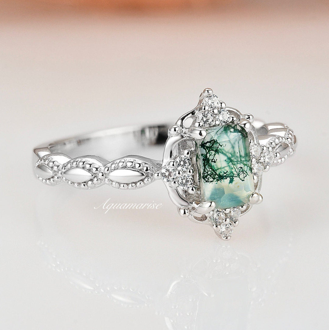 Moss Agate And Diamond Ring Round Natural Moss Agate 1Ct