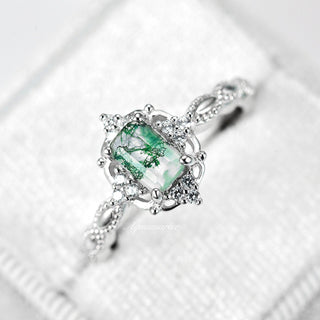 Green Moss Agate Engagement Ring in 14K White Gold