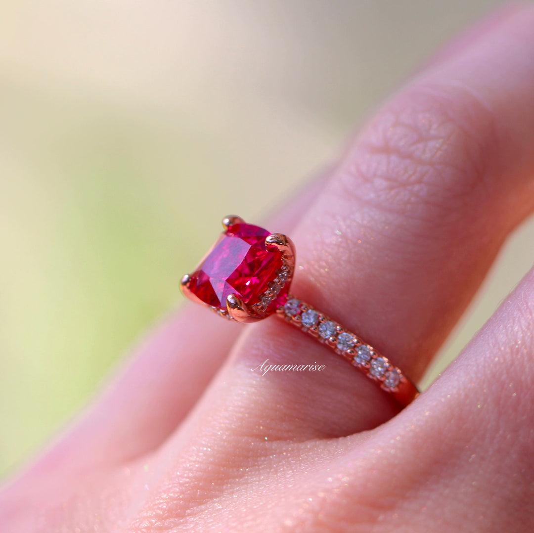 Cushion Hidden Halo Ruby Ring- 14K Rose Gold Vermeil