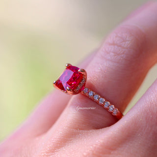 Hidden Halo Cushion Cut Ruby Ring in 14K Rose Gold Vermeil