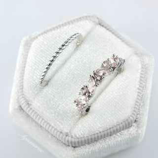 Willow Marquise Morganite Stacking Ring Set in Sterling Silver by Aquamarise featuring delicate marquise and round pink morganite stones with a twisted sterling silver band for elegant stacking.